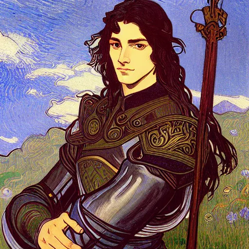 Image similar to portrait painting of young handsome beautiful paladin elf!! man with long! wavy dark hair in his 2 0 s named taehyung minjun adam at the blueberry party, wearing armor!, long hair, elf ears, blue eyes, blueeyes!, elegant, delicate, soft facial features, art, art by alphonse mucha, vincent van gogh, egon schiele,