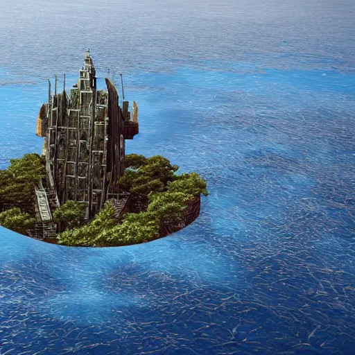 Image similar to a island in the middle of the ocean with a large dystopian cyberpunk tower on it.