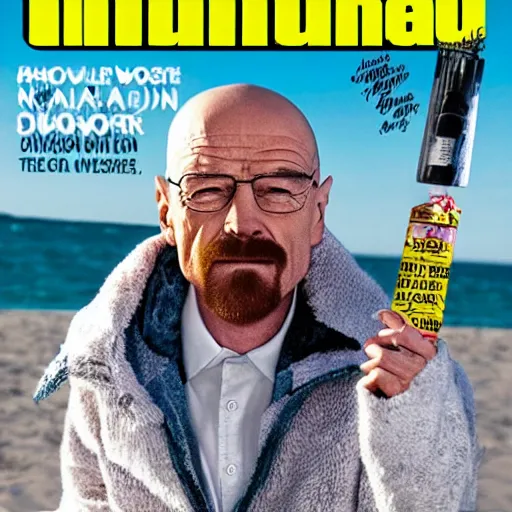 Prompt: Walter White on the cover of Swimsuit Illustrated