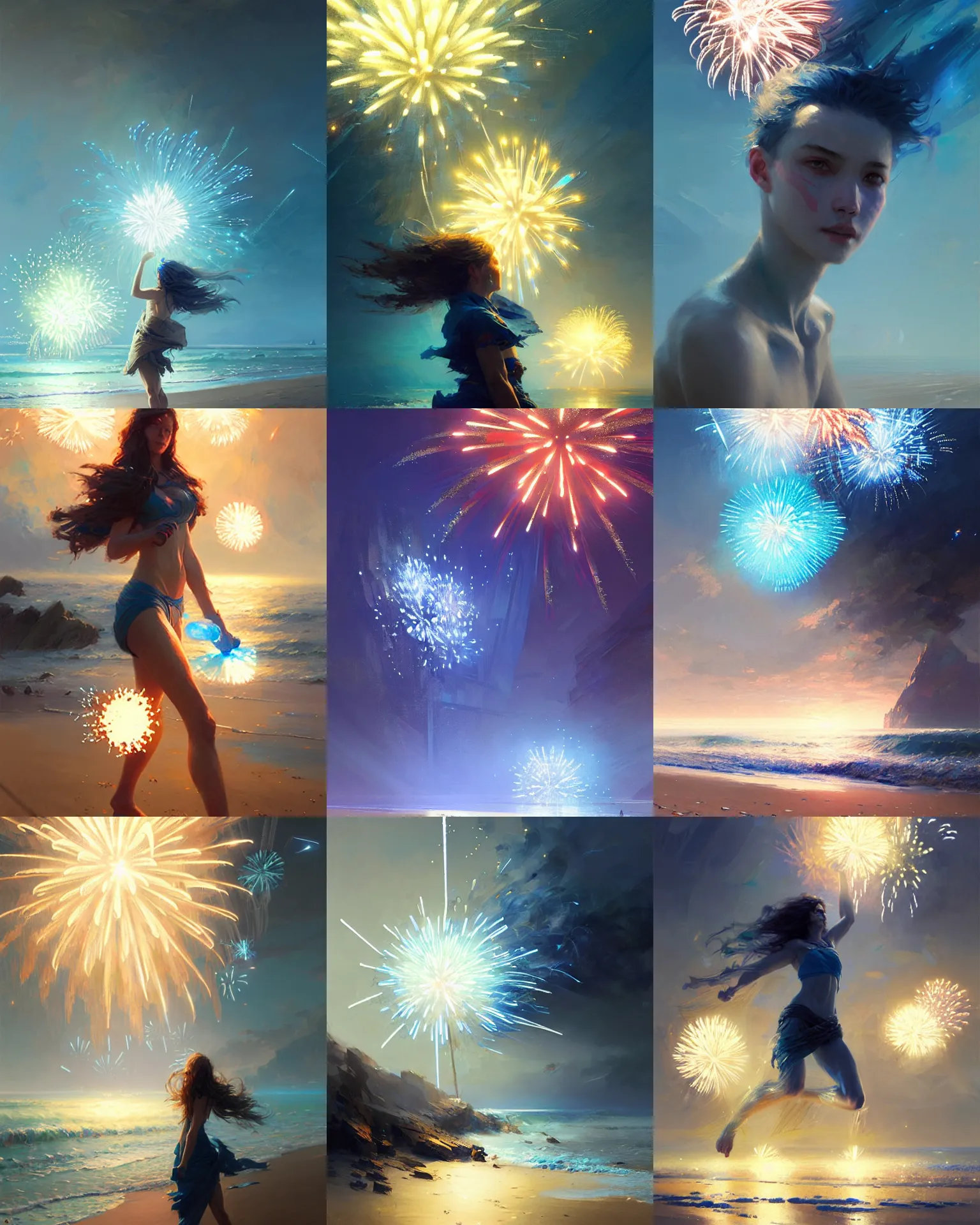 Prompt: beach blue fireworks, intricate, lens flare, bloom, sharp focus, illustration, highly detailed, digital painting, concept art, matte, art by ruan jia and wlop and greg rutkowski, masterpiece