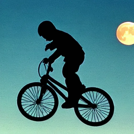 Image similar to a silhouette of a boy making a big jump with bike with basket in front of it, flying, big shiny moon on the background at night, a still of e. t. the extra - terrestrial ( 1 9 8 2 )