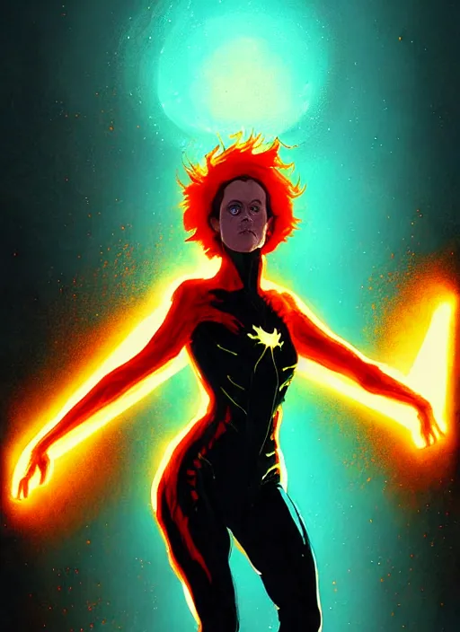 Prompt: young sigourney weaver as dark phoenix, by ismail inceoglu