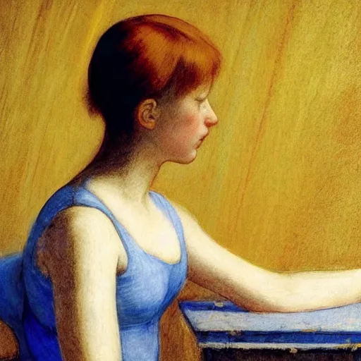 Image similar to close up of an ivory girl in a blue and gold haunted liminal abandoned room, film still by edward hopper, by Pontormo, by klimt, pre-raphaelite. art noveau, art noveau, highly detailed, strong lights, liminal, eerie, Bright pastel colors