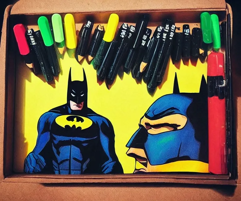 Image similar to “ sad batman crying and stress eating crayons from the box, small hands, simple, hyperrealism, photorealistic, hyperrealism, highly detailed, life like, high def ”