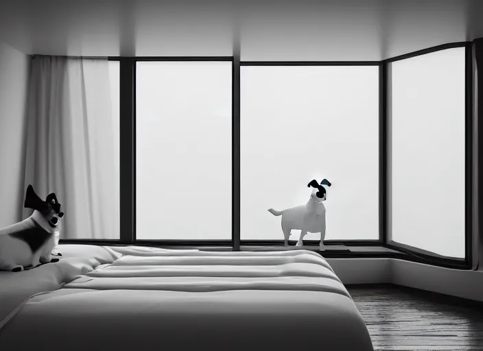 Image similar to photography of a Jack Russel watching outside the window on a bed in a 3d rendered white room, octane render, 3d, foggy, volumetric light, volumetric fog, photorealistic, unreal engine 5