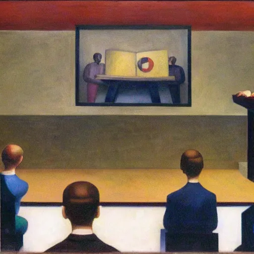 Image similar to giant baby professor giving a college lecture, lecture hall, dystopian, pj crook, edward hopper, oil on canvas