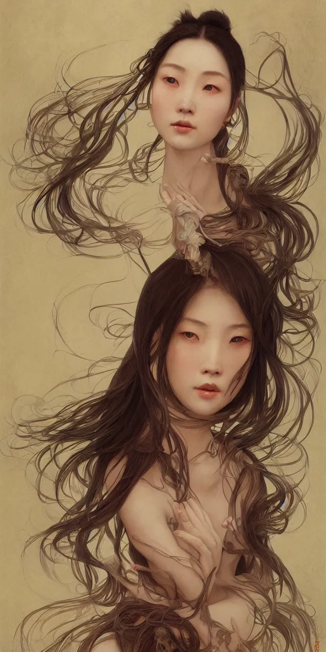 Image similar to A portrait of A Chinese woman with long hair by Ross Tran!!! and alphonse mucha and greg rutkowski! and gustav doré! and Zdzisław Beksiński!,In style of digital art illustration.Symmetry.Highly detailed face.Fantasy,smooth,hyper detailed,sharp focus,Soft light.trending on artstation.