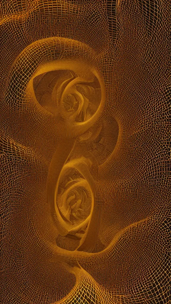 Image similar to 3d fractal wallpaper by Escher, geometrical figures, math, 3d effect, picture through the screen, spirals tubes roots, completely filled space, psychedelic!!, 3d fractal background, digital art, high details, depth of field, hard lighting!, trending on artstation, deviantart, octane render, HD, (((Low light))), 8k, eric zener, zdzisław beksiński, dark background