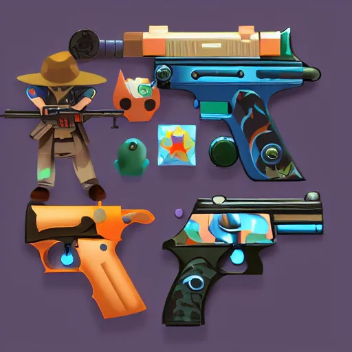 Prompt: toys like gun, great colors, soft lighting, mobile game, concept art