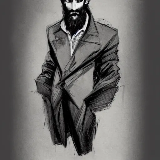 Prompt: very high angle view, very attractive man with beard, highly detailed full body, strong masculine features, slim, command presence, royalty, smooth, sharp focus, organic, appealing, book cover, deep shadows, by Dave McKean sketch lineart for character design