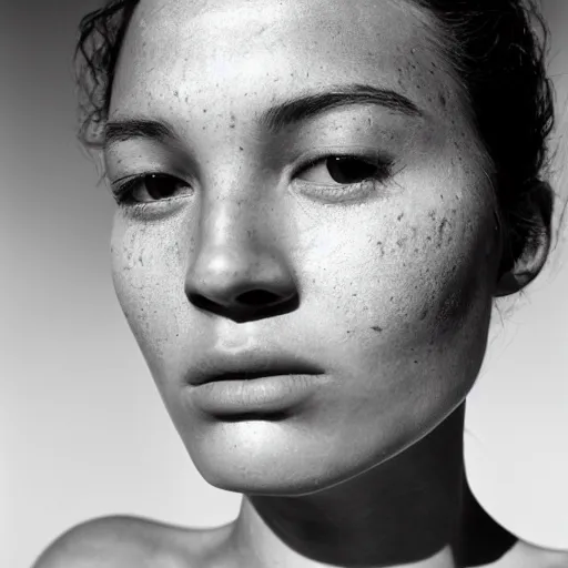 Image similar to a closeup of a woman's face, natural look, minor blemishes, extremely detailed, outdoor lighting, by arnold newman, by mark mann,