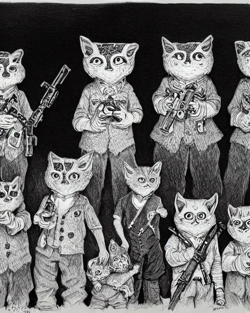 Prompt: group of creep children staring out, black and white character portrait, ultra realistic, concept art, intricate details, war, cinematic, highly detailed by louis wain