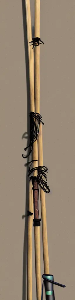 Image similar to single wooden long straight thin ninja fighting staff with oriental ornaments, weapon, highlight, vertical, centred, highly symmetric, sci - fi, fantasy, japan, dnd, close shot, bright uniform background, directional lighting, digital art, hyperrealism, award winning, 8 k