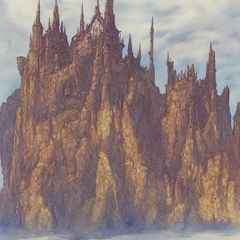 Image similar to a watercolor painting of a castle in the style of jean giraud in the style of moebius trending on artstation deviantart pinterest detailed realistic hd 8 k high resolution