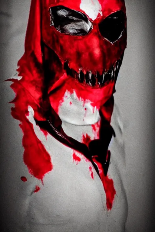 Image similar to red hood cosplay, creepy, disturbing, bloody, darkness, grainy