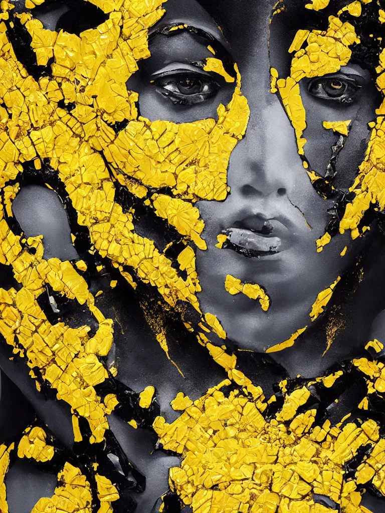 Image similar to symmetrical painting of a fractured dark obsidian greek statue of asian female beauty, yellow gemstones spikes, crystallic sunflowers, lightblue dripping acrylic paint and black tar, repaired with magenta kintsugi, rendered in octane trending on cgsociety. extremely detailed and intricate art, corruption, sleek
