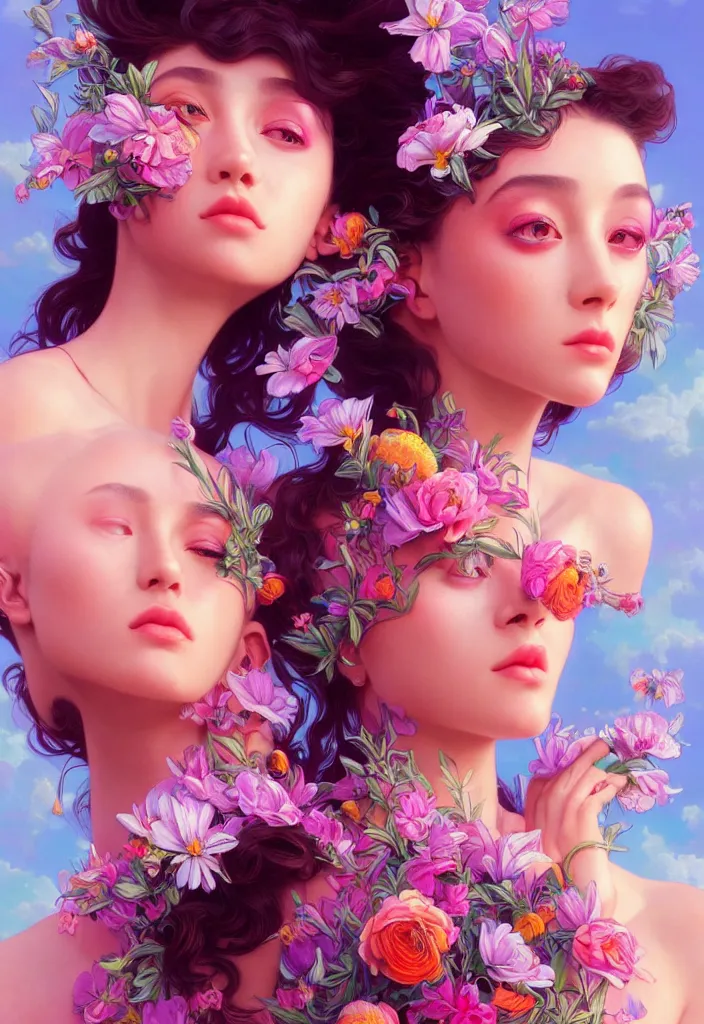 Image similar to young beautiful women, siamese twins, gorgeous face, vaporwave aesthetic, synthwave, colorful, psychedelic, artstation, flowers, bees, full - body, gown, smooth, extremely sharp detail, finely tuned detail, 8 k, unreal engine 5, ultra sharp focus, illustration, art by artgerm and greg rutkowski and alphonse mucha