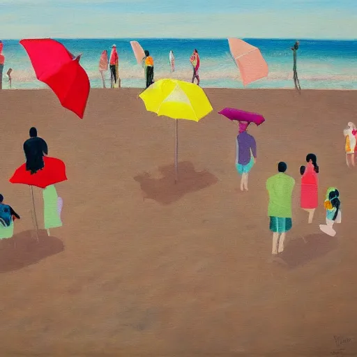 Image similar to a painting of people on a beach with umbrellas, birdseye view, a painting by Sally West, featured on tumblr, action painting, oil on canvas, painterly