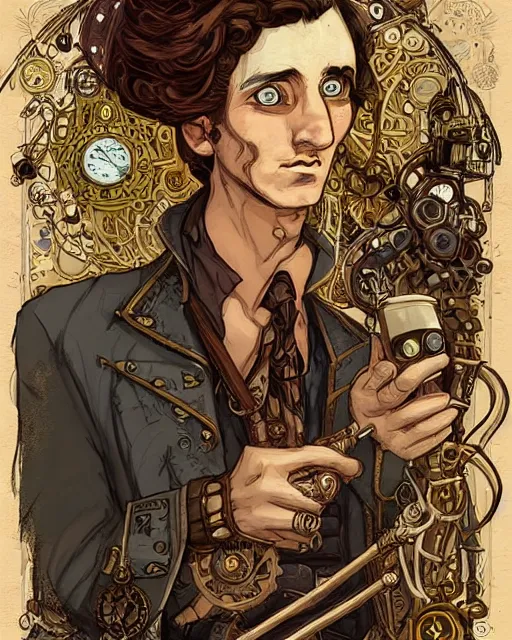 Image similar to a detailed portrait illustration of a steampunk songmage - bard. handsome male face, female body. art nouveau, pop art, comic book style. influenced by neil gaiman, h. p. lovecraft, dan mumford, brian froud, vadim voitekhovitch, killian eng, ross tran, ed emshwiller.