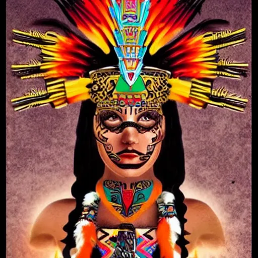 Prompt: character design, aztec warrior goddess with beautiful woman face, crown of very long feathers, full body, glowing aztec tattoos, beautiful,