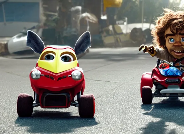 Image similar to peter dinklage racing gizmo from gremlins driving a little tikes cozy coupe, movie still, from the new fast and furious movie, 8 k, realistic