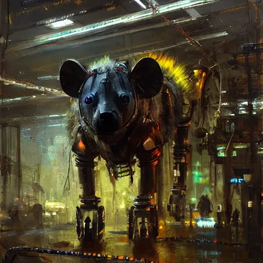 Prompt: robot cyborg hyena, many wires and neon lights exposed, metal and glowing eyes, highly detailed painting by jeremy mann