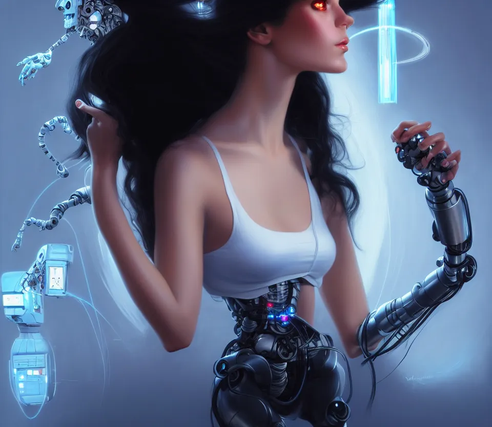 Image similar to beauty young spanish woman with long black hair robotic arms, interacting withholograms of alien artifacts, electrical case display, Terminator tech, ultrarealistic, dramatic lighting, electrical details, high details, 4k, 8k, best, accurate, trending on artstation, artstation, photorealism, ultrarealistic, digital painting, style of Peter Mohrbacher, Caravaggio, Hajime Sorayama and Boris Vallejo