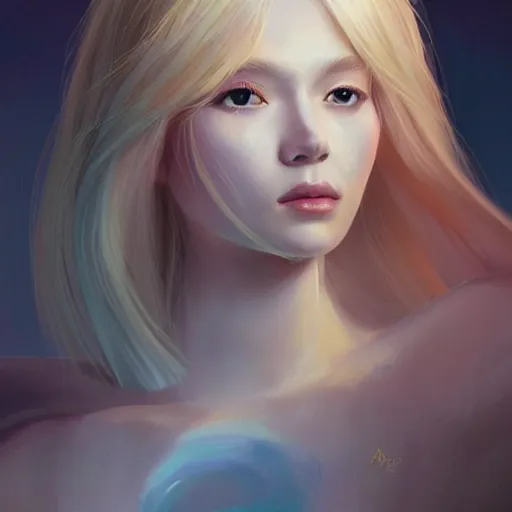 Prompt: a digital painting of a woman with blonde hair, a character portrait by feng zhu, cgsociety, fantasy art, ethereal glow, light white rainbow nails and a glowing chromatic sword behind her, artstation hq, artstation hd, fantasy
