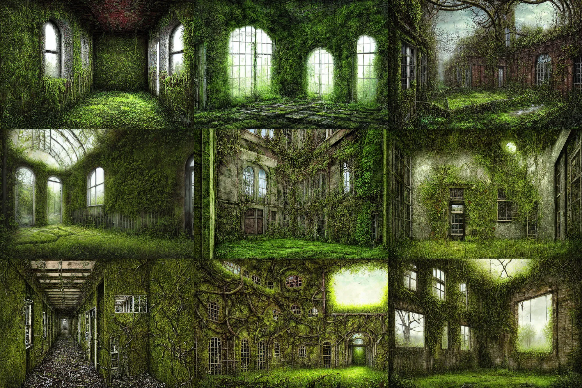 Prompt: abandoned hospital reclaimed by nature, overgrowth, moss, vines, highly detailed, digital painting by lee madgwick