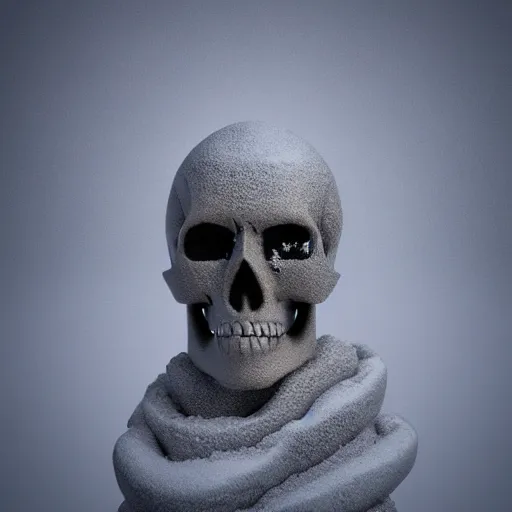 Image similar to skull sculpture covered in snow with a foggy background, 8 k, octane render, realistic, aesthetic