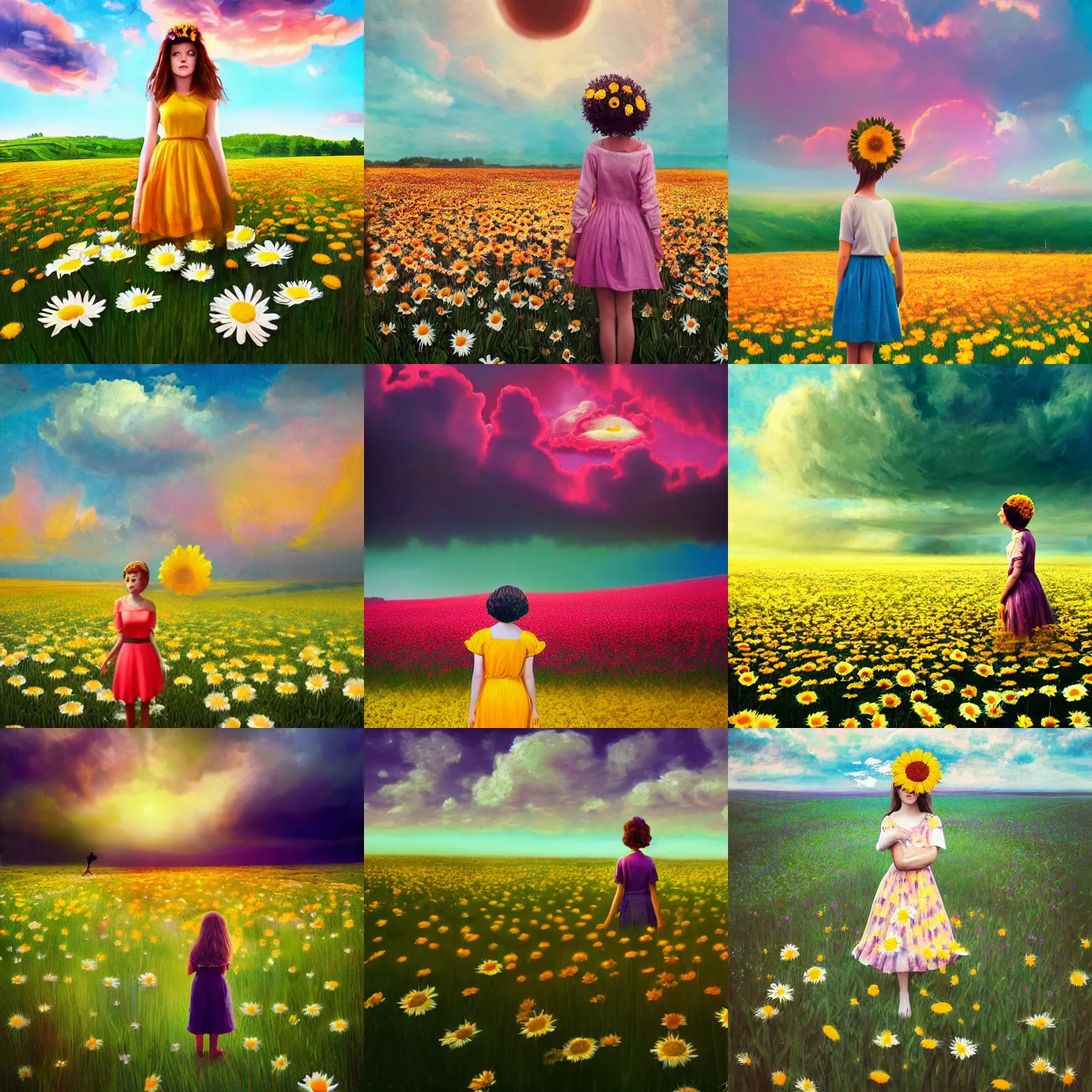 Image similar to full body daisy flower head girl standing in a flower field, her head is hidden behind the huge daisy flower,. surreal photography, sunrise, dramatic light, impressionist painting, colorful clouds, digital painting, artstation, simon stalenhag