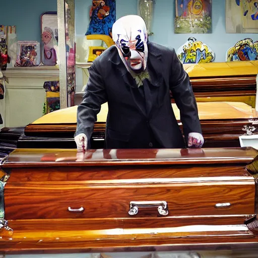 Prompt: clown shopping for coffins at a funeral home