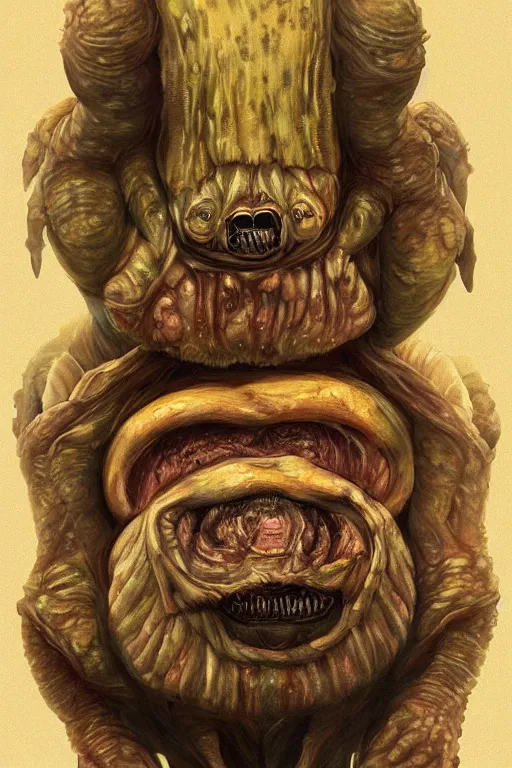 Image similar to oil portrait of a underworld horror tardigrade!!! trying to disguise itself as human, epic, cinematic, elegant, highly detailed, featured on artstation