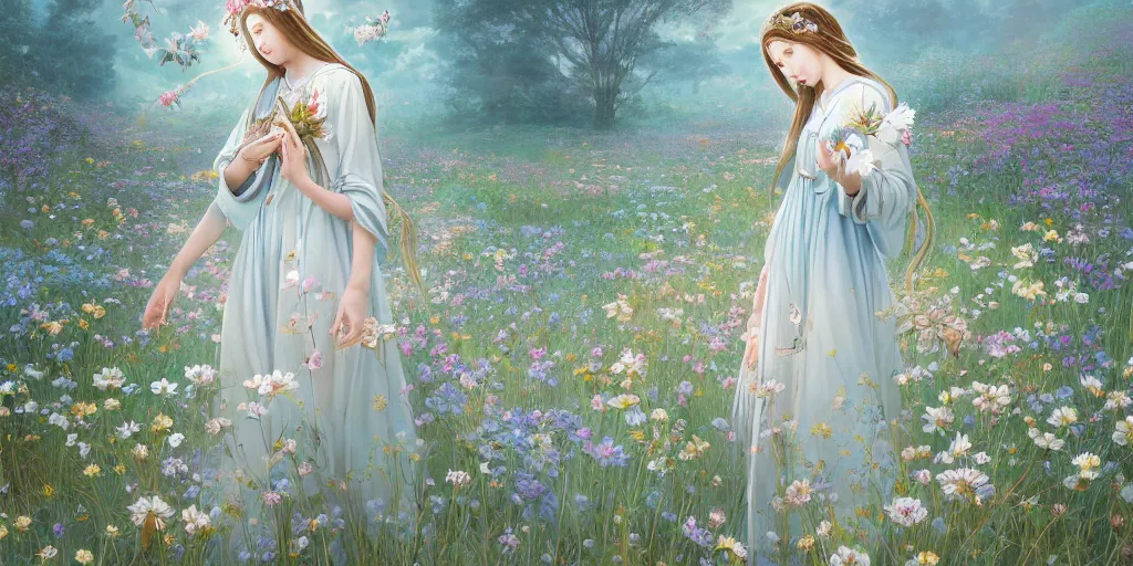 Image similar to breathtaking detailed concept art painting of walking in meadow goddess of light blue flowers, orthodox saint, with anxious, piercing eyes, ornate background, amalgamation of leaves and flowers, by Hsiao-Ron Cheng, James jean, Miho Hirano, Hayao Miyazaki, extremely moody lighting, 8K