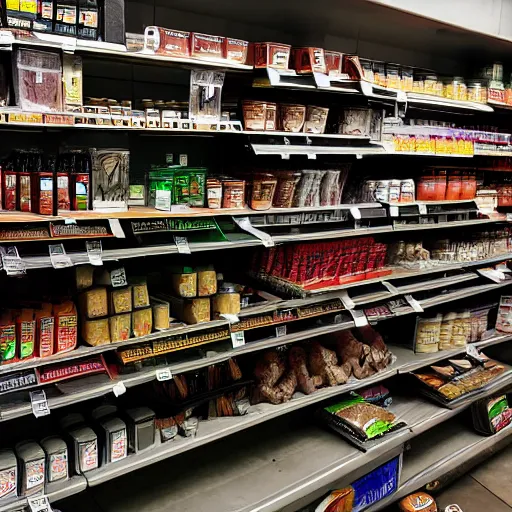 Prompt: Orc supermarket in Mordor, wide shot, shelves are full of arcane wares, tinctures, mouldy vegetables, dark coloured toiletries and animal body parts. Sauron is working on each checkout. photoreal, 8k render n- 10