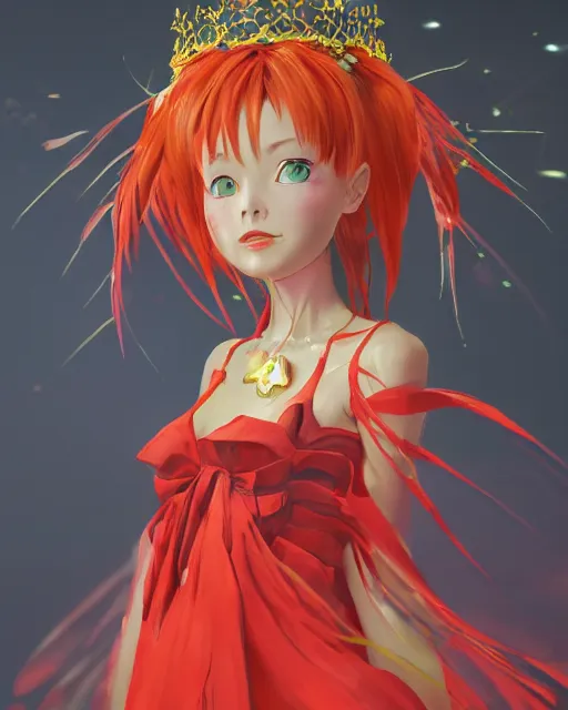 Prompt: studio photo portrait of Asuka Langley from evangelion wearing floral garlands over her traditional dress. full height portrait of Asuka from eva as a slavic pagan priestess wearing traditional pagan dress adorned with golden tiara, concept art by Greg Rutkowski and James Dean and Ross Tran, ultrarealistic octane render, 8k, rtx on, trending on ArtStation