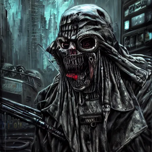 Image similar to a terrifying portrait of judge death as a sherman tank in a cyberpunk city by simon bisley, extremely hyperdetailed, extreme photorealism, eerie low lighting, disturbing evil atmosphere, mixed media illustration, masterpiece, horror, long fangs and claws, intricate, highly detailed, 8 k, artstation, concept art, smooth, sharp focus, full color