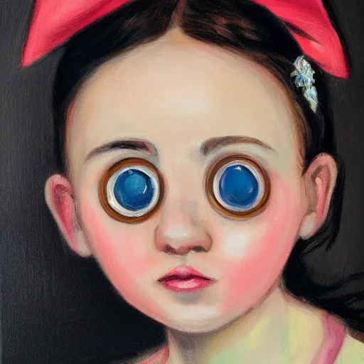 Prompt: a portrait painting of a girl with eyeballs as earrings and a huge bow on her head, 4k,