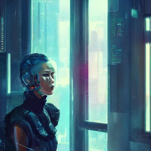 Image similar to art by wlop, portrait of cyberpunk woman looking out of a window, cyberpunk setting, futuristic, highly detailed, intricate lighting, digital painting, sharp focus, illustration, trending on artstation.