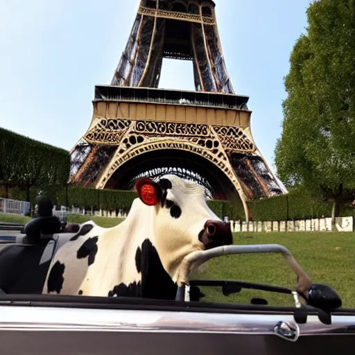 Image similar to cow driving a sports car around the eiffel tower with champagne in its hand