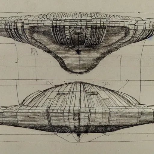 Prompt: various sketches of an alien spaceship in the style of leonardo da vinci, ultra detailed, scribbles, technical drawing, engineering blueprints