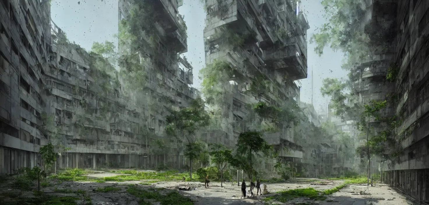 Image similar to brutalist architecture by Le Corbusier, abandoned derelict buildings, damaged structures, empty streetscapes, surrounded by lush green vegetation, volumetric lighting, digital painting, highly detailed, artstation, sharp focus, illustration, concept art, ruan jia, steve mccurry, amazing composition