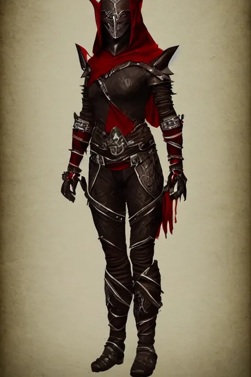 Image similar to female adventurer in tight full - body ebony leather armor of dunmer design with dark red cloth underneath and with a red porcelain crow mask, trending in artstation, establishing shot