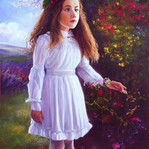 Image similar to portrait of girl dressed in white clothes countryside country style country house fantasy character portrait painting