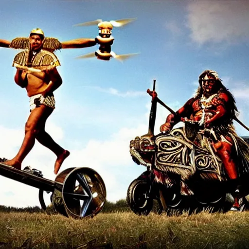 Image similar to Maori warrior on ancient motorcucle with drone by david lachapelle, old photo, vintage