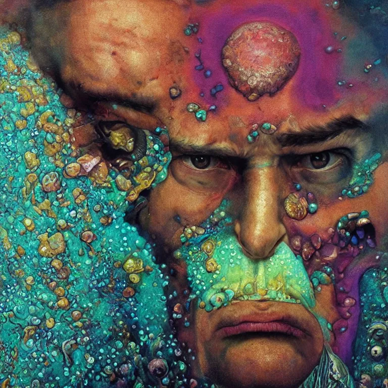 Prompt: Hyperrealistic intensely colored close up studio Photograph portrait of a deep sea bioluminescent Jon Hamm covered in chromatophores and scales, symmetrical face realistic proportions eye contact, Staring intensely with golden eyes sitting on a Rock underwater, award-winning portrait oil painting by Norman Rockwell and Zdzisław Beksiński vivid colors high contrast hyperrealism 8k