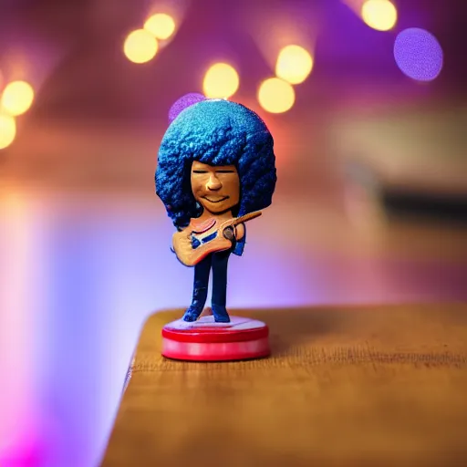 Prompt: close up of photo of Jimmy Hendrix bobble head holding a guitar on table top with fairy lights in the background, thin dof, soft lighting, realistic, swirly bokeh