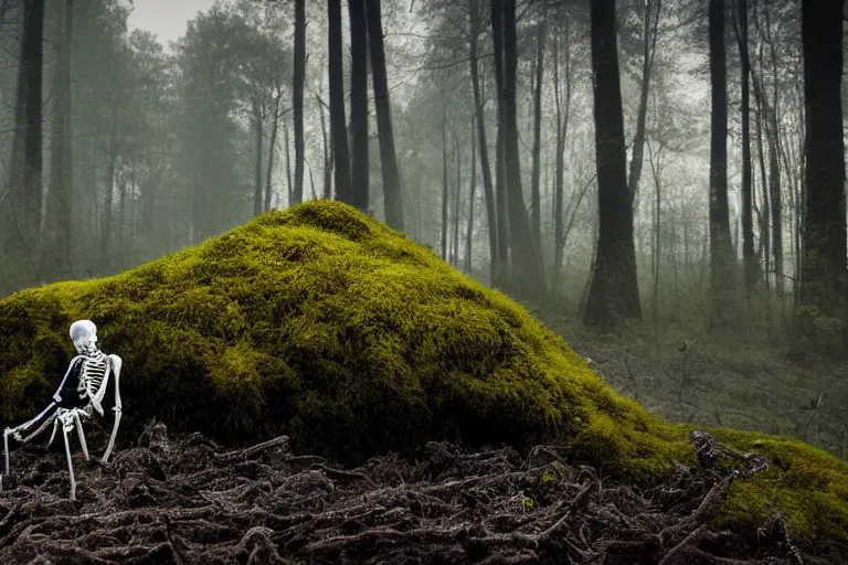 Prompt: a burning with fire human skeleton sitting behind computer, overgrown with moss, in foggy forest, at night with moon, dark atmosphere, by carus carl gustav