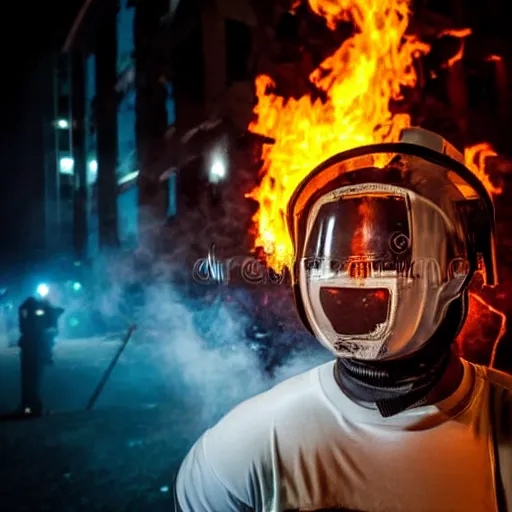 Image similar to portrait of a anti-riot policeman head on fire , front, centered, riot background, at night, mid shot , editorial photography