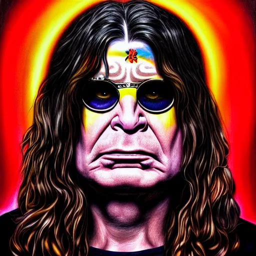 Image similar to An extremely psychedelic portrait of Ozzy Osbourne, surreal, LSD, face, detailed, intricate, elegant, lithe, highly detailed, digital painting, artstation, concept art, smooth, sharp focus, illustration
